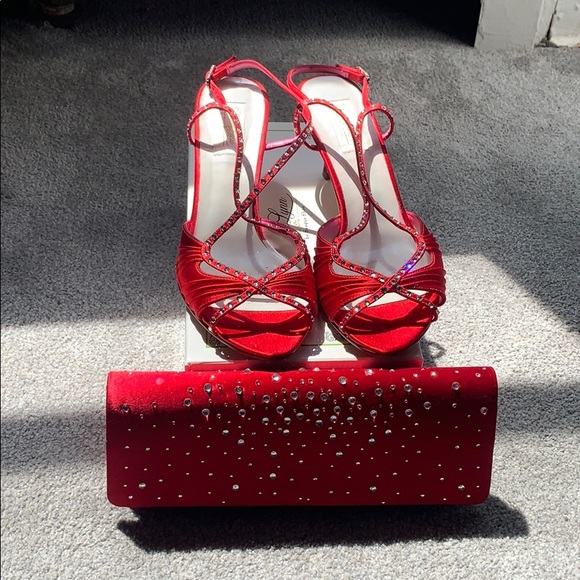 Shoes - Red Rhinestone Heels and Clutch